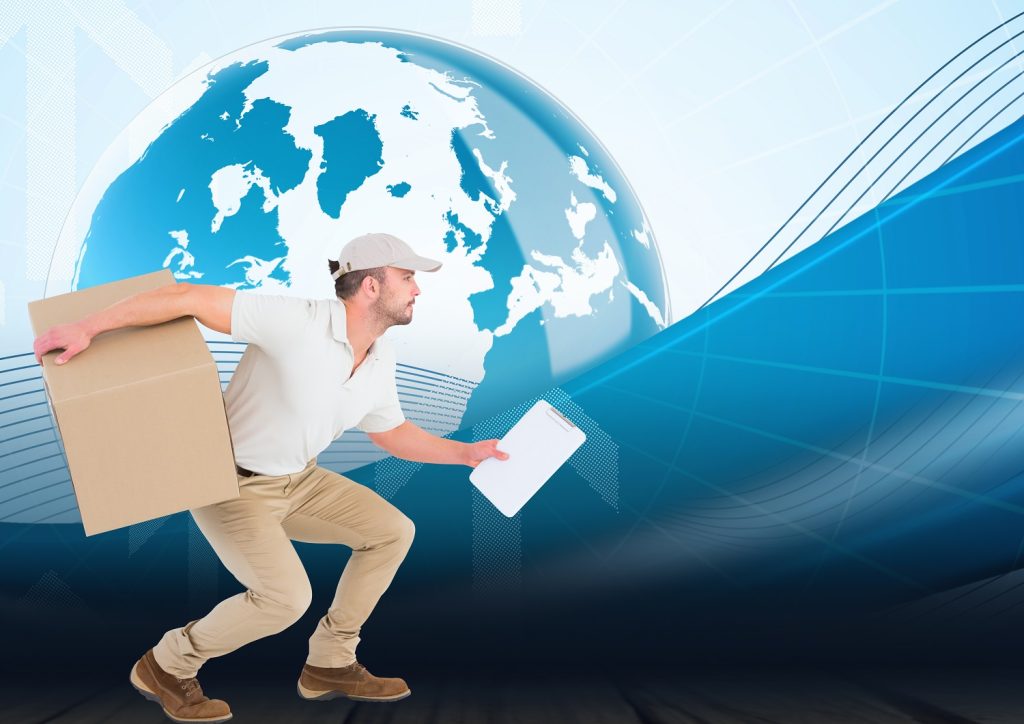 Digital composition of delivery man carrying cardboard box and holding clipboard